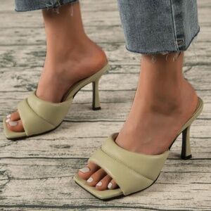 Light Olive Green Square Toe Mules